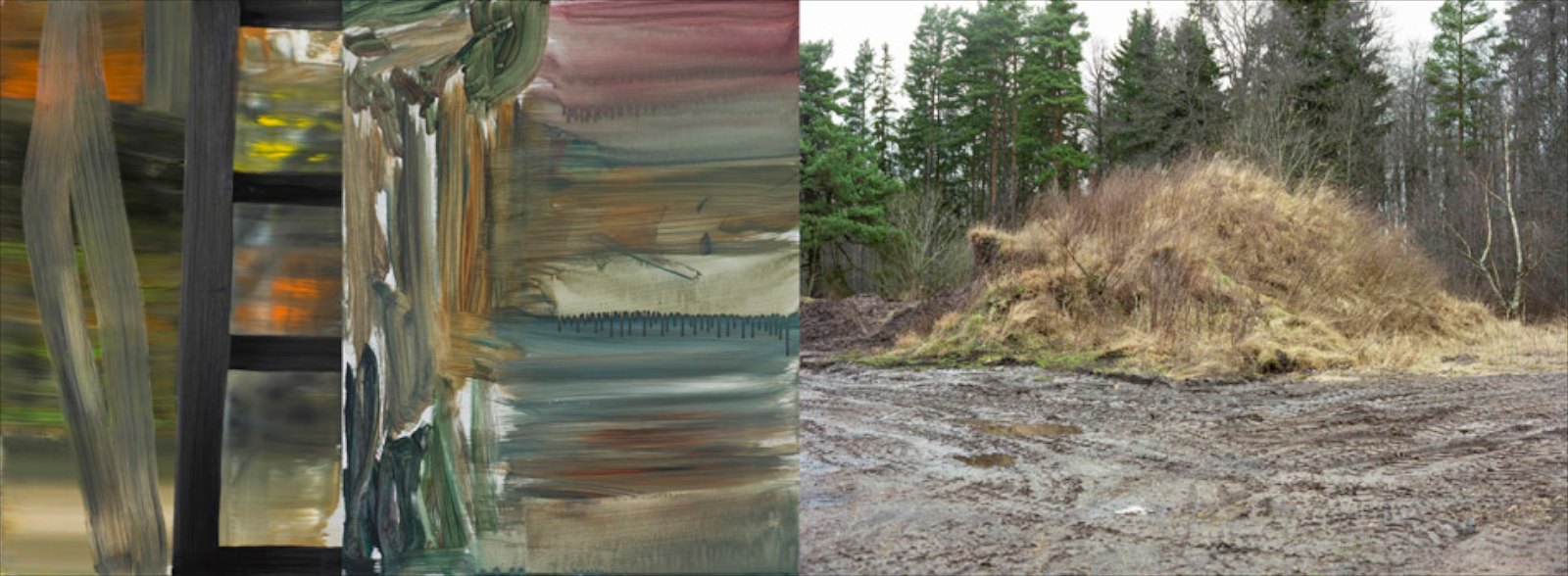 Två målningar och en jordhög, 2008, c-print, oil and acrylic on aluminum, 59 x 163 cm (3 parts)