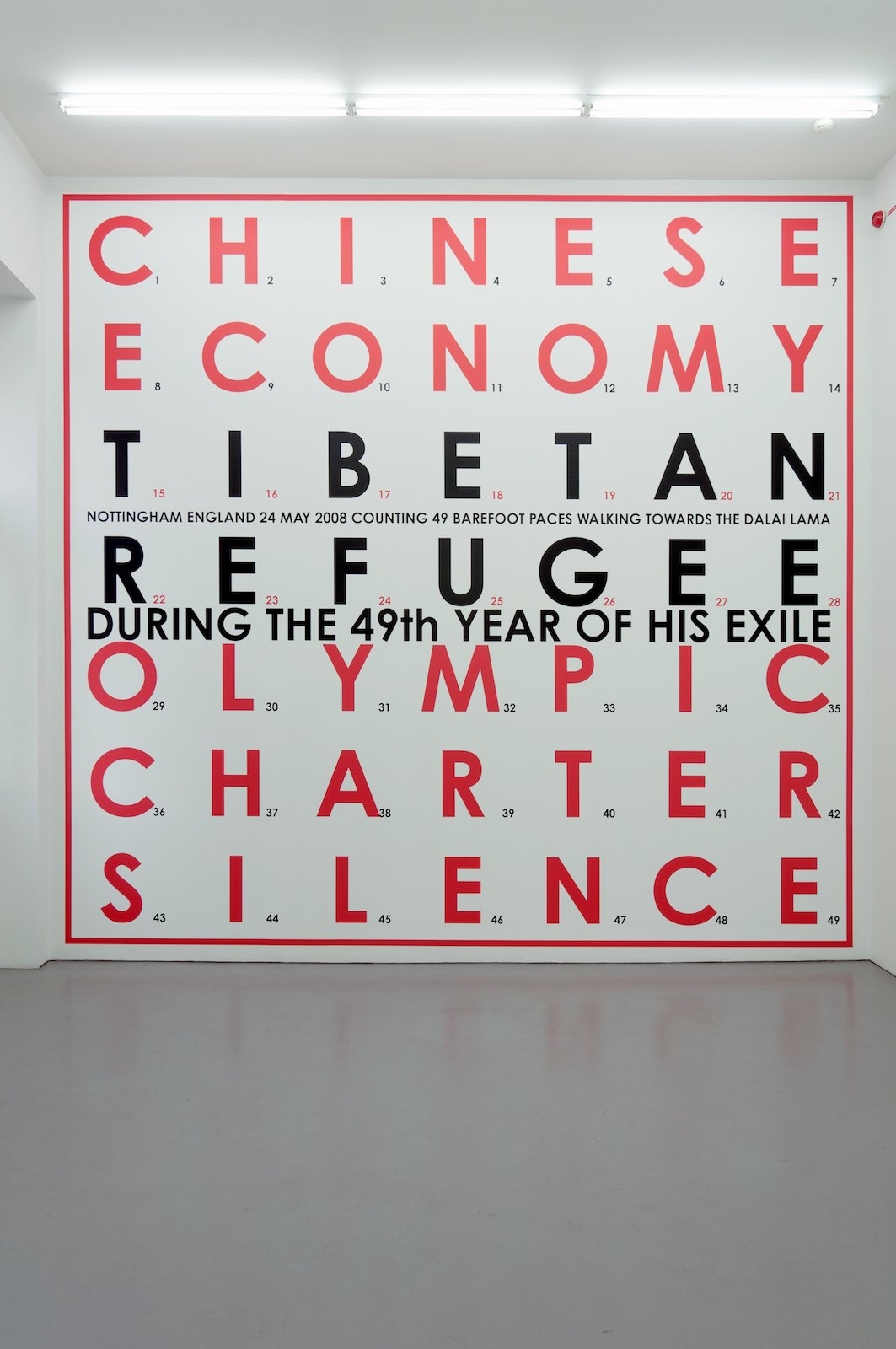 Tibetan Refugee, 2008, wall painting with vinyl text, 455 x 482 cm