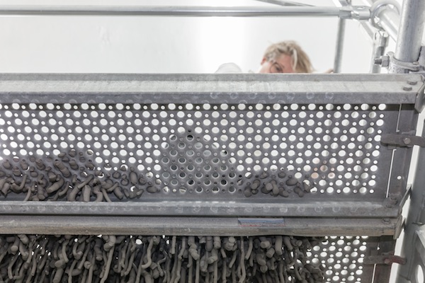 Kristina Matousch, Still Life Production, 2013, scaffolding, steel planks, clay, 3 x 6 x 4 m. During the performance on April 4th, the artist trampled trampled two tonnes of clay through the holes of the platform.