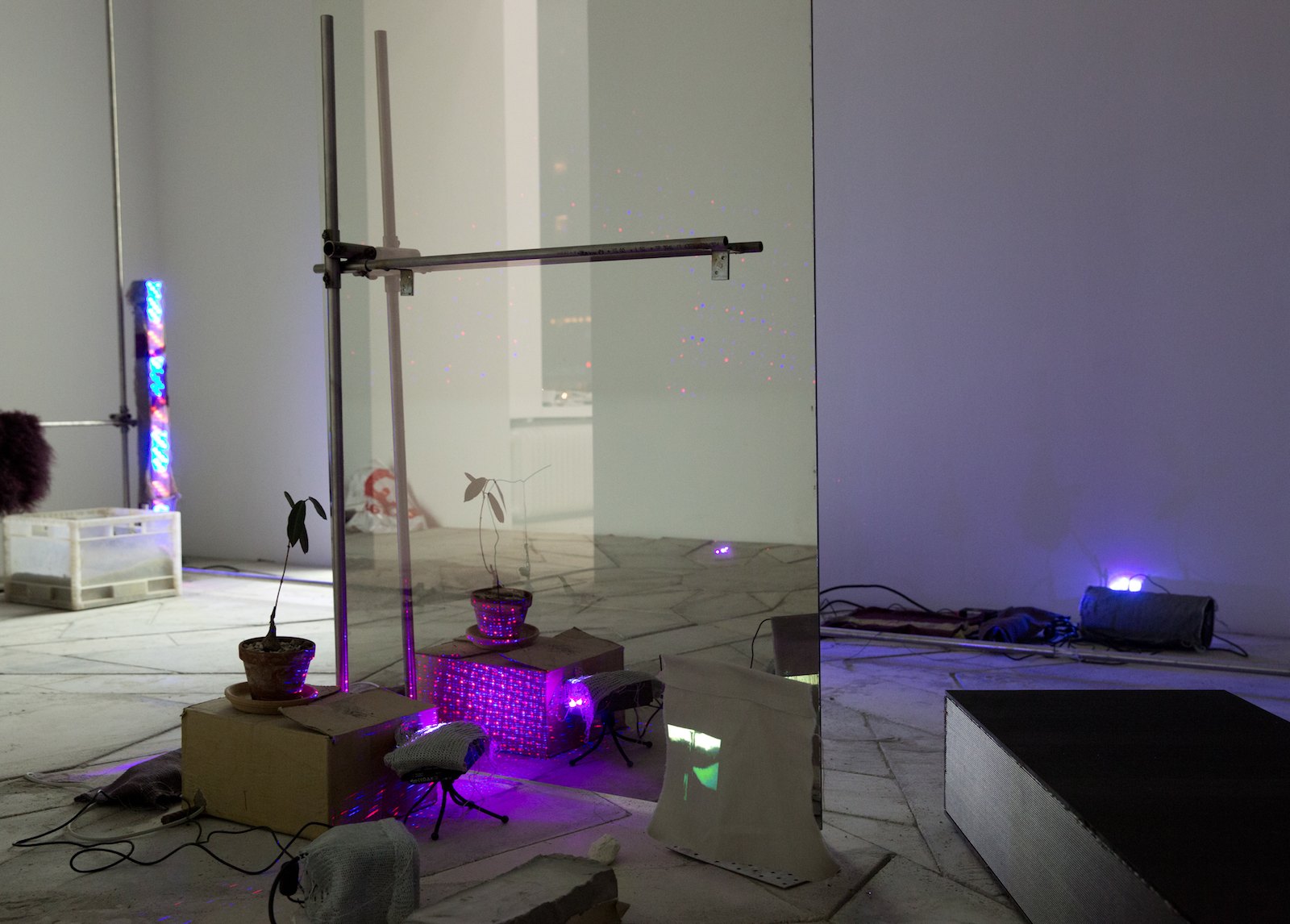 Endless promises, 2014, steel pipes, coloured lambskin, knitting, PC, projector, speakers, concrete, cardboard, ceramics, black marbrite glass, heating element, semi-transparent-mirror, shell, cigarette butt, LED-light, laser loop, video loop, crocheting, Petopentia Natalensis plants, plastic pearls, ruby in fuchsit. Dim. variable