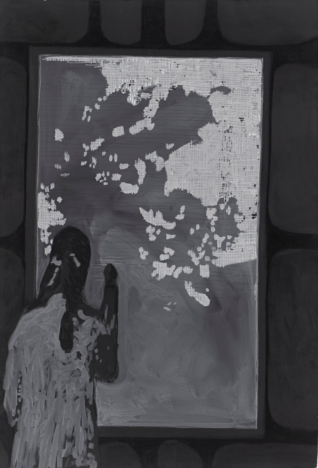 Håvard Homstvedt, Grey Canvas, 2007, charcoal, acrylic, pencil, pastel and colourpencils on black paper, 112.5 x 76.5 cm