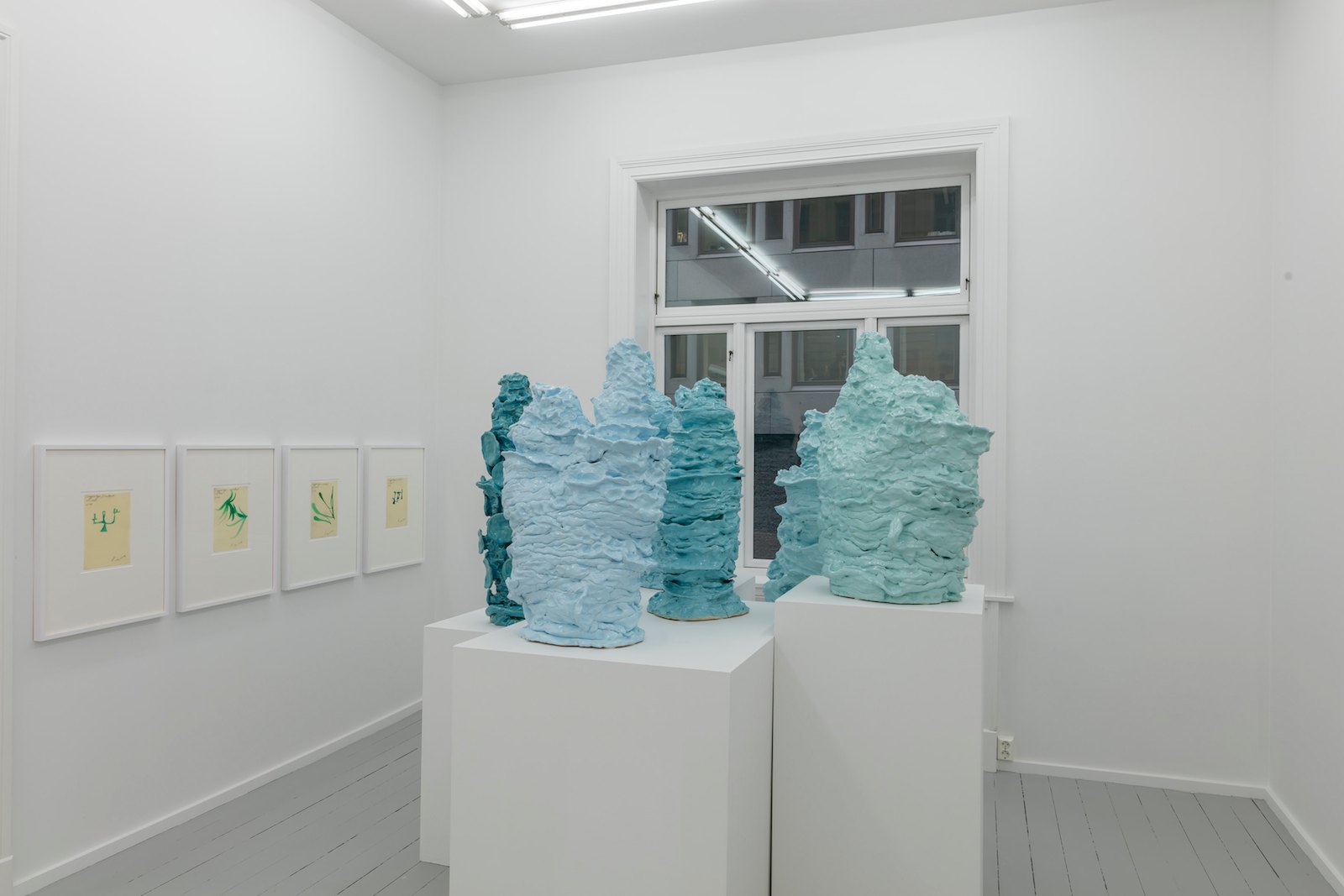 From the series Journal, 2016, mixed media, waxed paper, each 23 x 17,5 cm / From the series, The Libertines, 2014, glazed ceramics