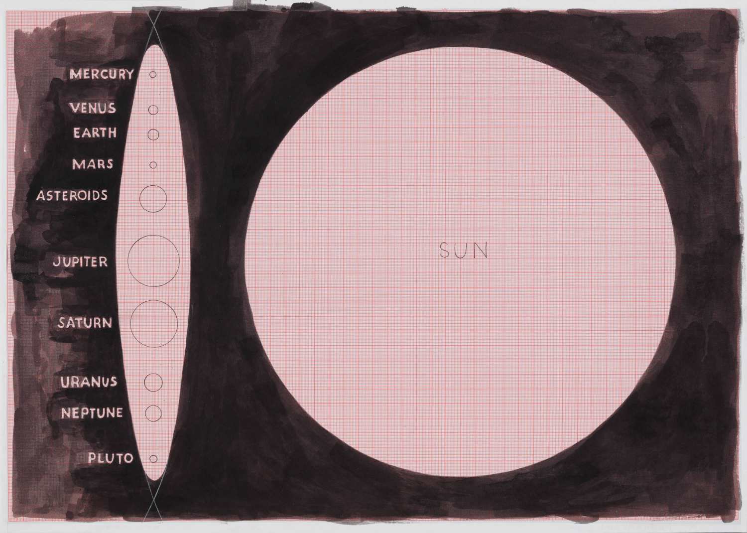 Planets in a cigar-shaped form, 2016, ink on paper, 36 x 51 cm