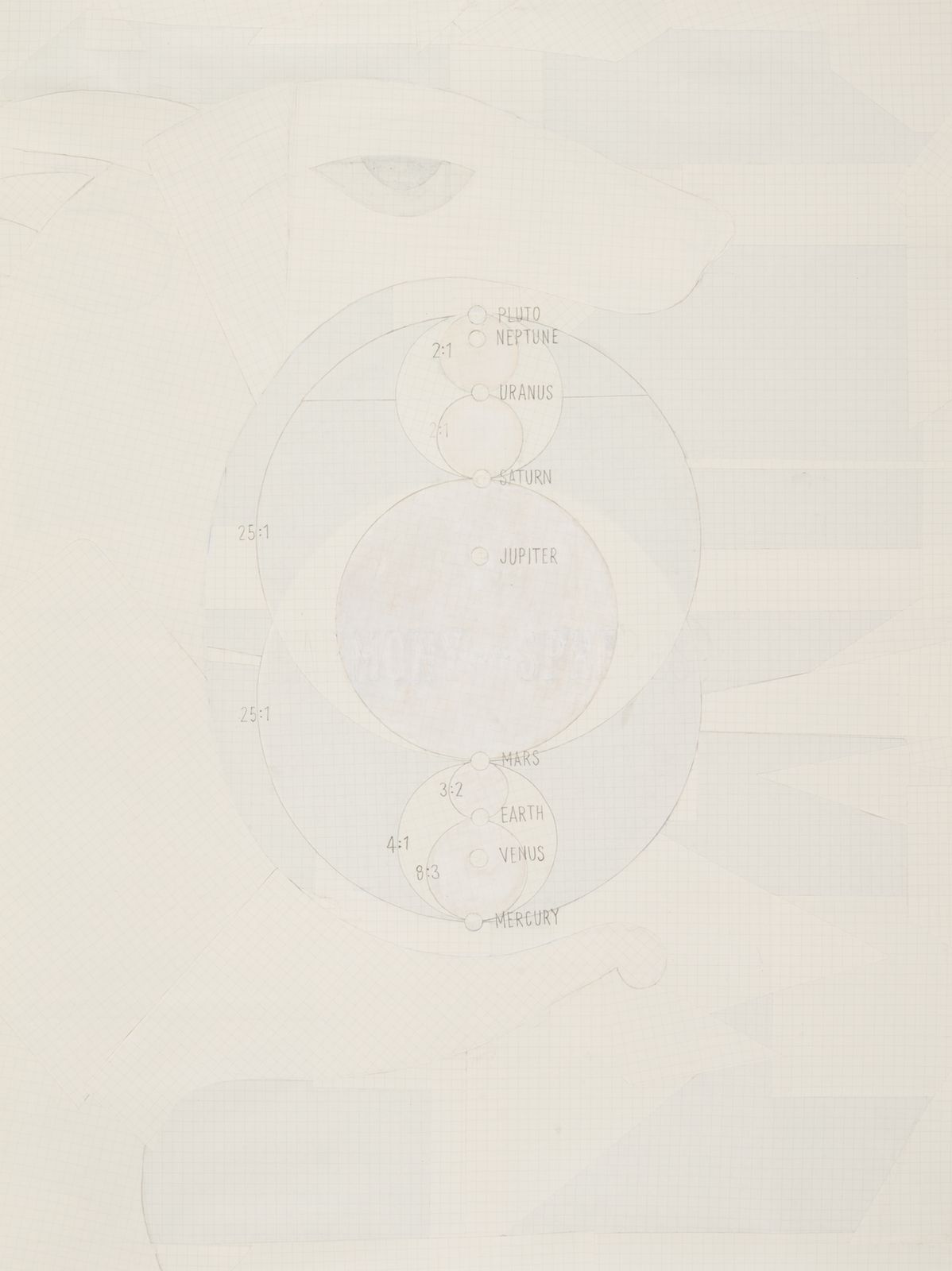 Dragon and spheres, 2016, pencil and acrylic on graph paper, 62 x 46,5 cm