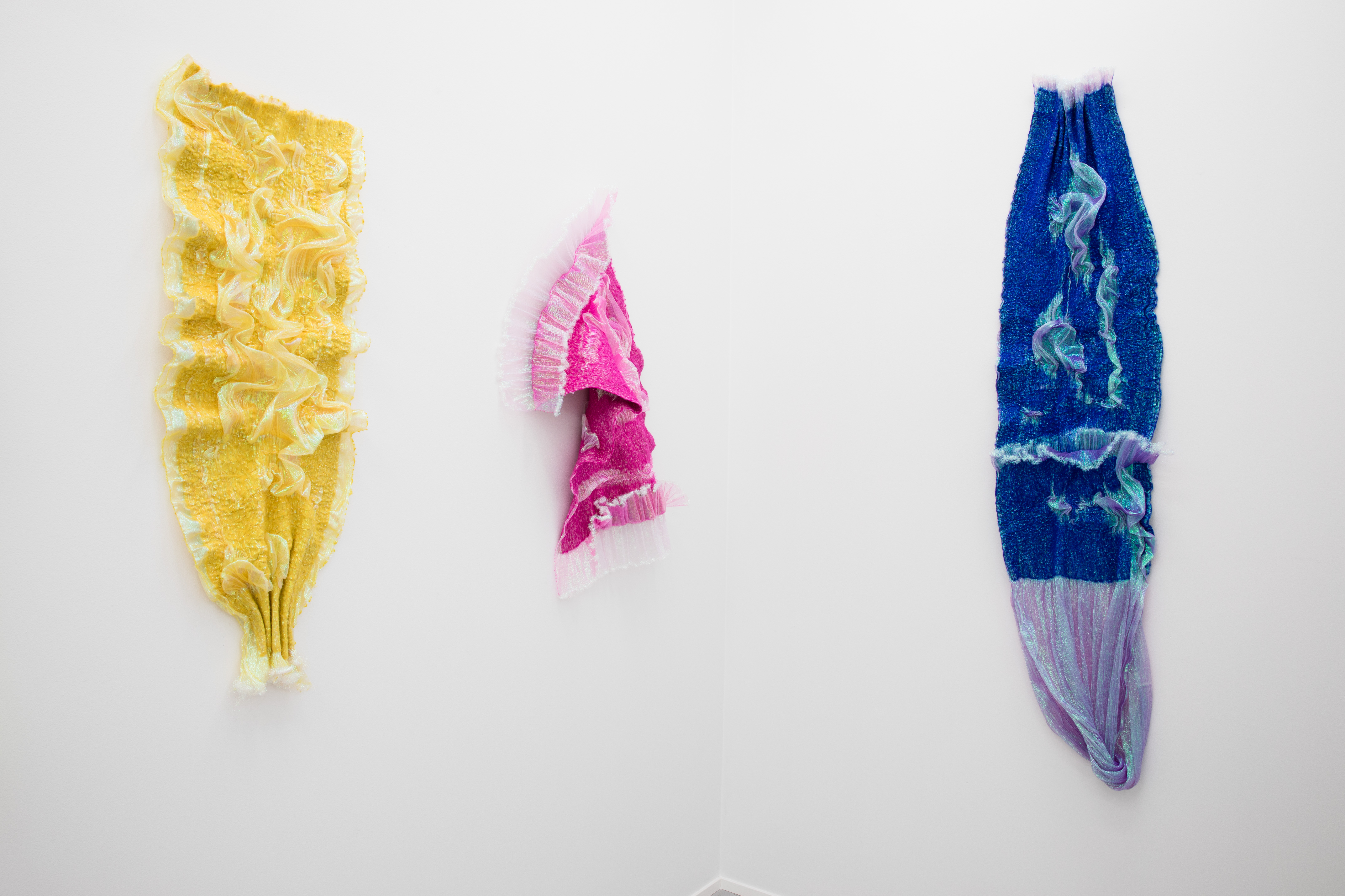 Rookie's Rave #3 Yellow, 2018, Merino wool, polyester organza, 110 x 45 x 8 cm; Rookie's Rave #8 Pink, 2018, Merino wool, polyester organza, 100 x 80 x 20 cm; Rookie's Rave #7 Indigo, 2018, Merino wool, polyester organza, 180 x 40 x 10 cm
