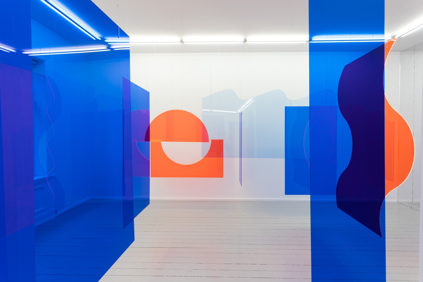 Conversation, 2018. Set of 59 elements, transparent tinted plexiglass. Dimensions variable. Edition of 3.43 elements installed for this exhibition